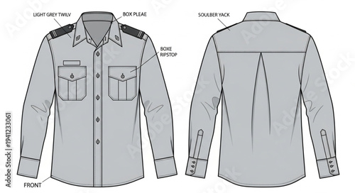 Technical Drawing of a Long-Sleeved Shirt with Pockets and Epaulettes.