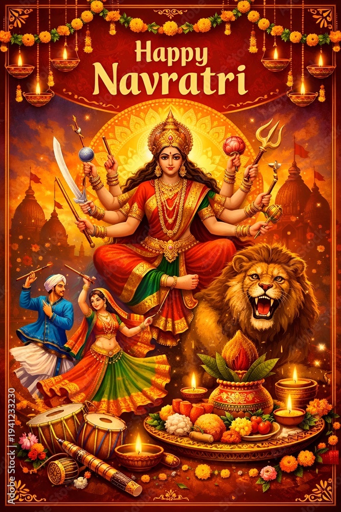 Fototapeta premium A vibrant illustration of Goddess Durga celebrating Happy Navratri with traditional Indian decorations