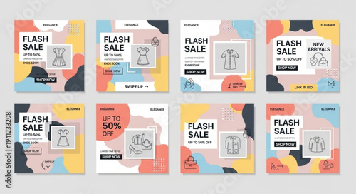 Set of Flash Sale Social Media Post Templates with Abstract Shapes and Hand-Drawn Illustrations.