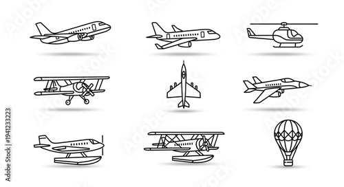 Collection of Hand-Drawn Aviation Icons - Planes, Helicopter, and Balloon.