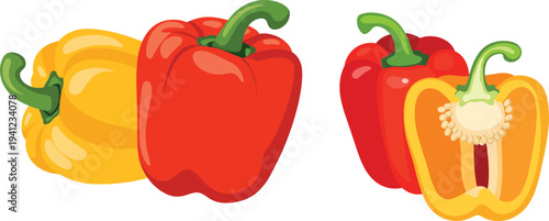 Bell Pepper Set Whole and Cut Rings Healthy Vegetable Vector Design - Organic Capsicum Peppers and Slices Colorful Flat Style Illustration
