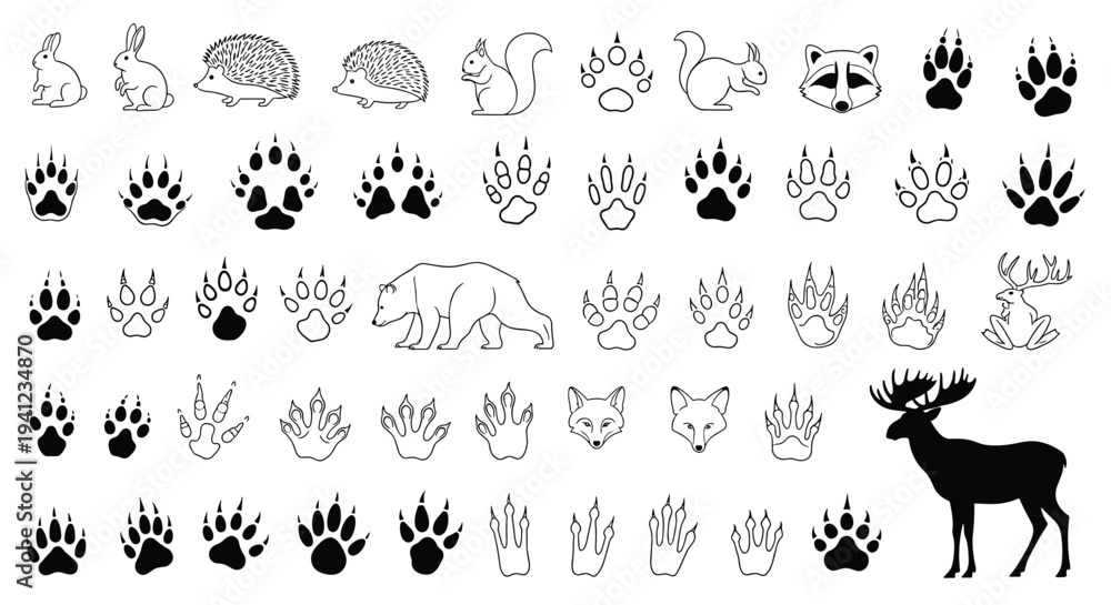 Obraz premium Large collection of various animal footprints and tracks alongside silhouettes of a rabbit, bear, fox, and moose in a clean black and white style.