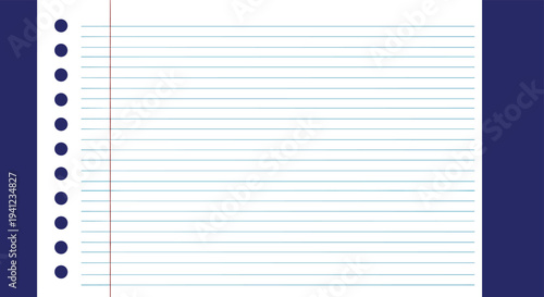 Digital illustration of a sheet of white lined paper with blue horizontal lines, a red vertical margin, and binder holes on a dark blue background.