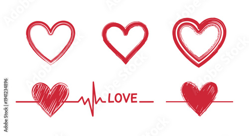 Set of five red heart icons featuring hand-drawn sketchy outlines and charcoal textures for romantic and creative design themes on a white background.