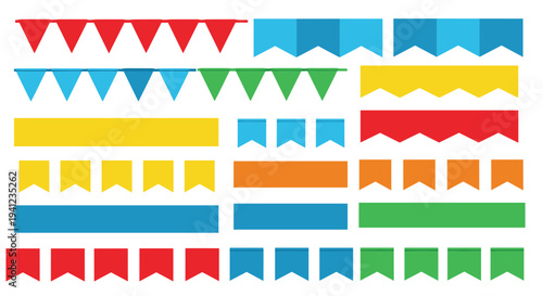 Selection of colorful bunting flags and party banners in various shapes and vibrant colors like red, blue, green, and yellow.