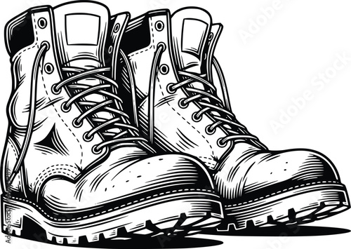 Hand Drawn Vintage Leather Work Boots Engraving Style Vector Illustration