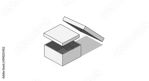 Isometric 3D view of an open empty cardboard box with its lid floating above on a plain white background with soft shadows.