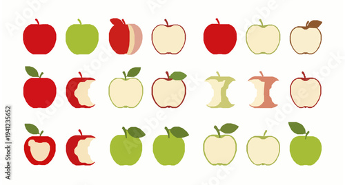 Colorful apple vector set with whole sliced and bitten apples isolated on white background