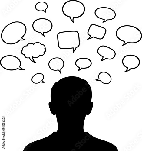A person with multiple conversation bubbles above their head