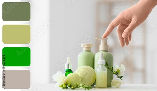 Female hand, bottles of cos...