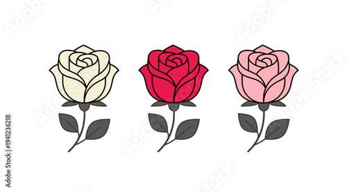 Three stylized roses in cream, red, and pink with gray stems and leaves - minimalist botanical illustration