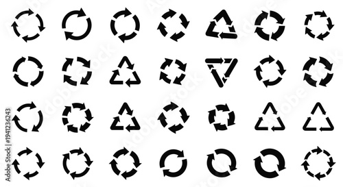 Set of circular recycling arrows and loop symbols in various configurations and geometric shapes like triangles and circles.