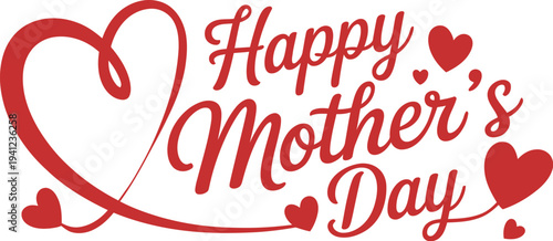 Happy Mother's Day, greeting design, red cursive lettering with heart elements, minimalist banner illustration on a white background