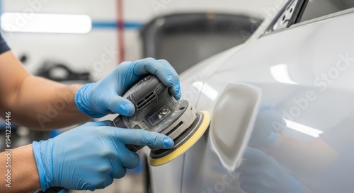Man car body repairman using orbital sander for polishing automotive paint. Professional technician sanding vehicle fender in workshop. Restoration and maintenance service industry care.