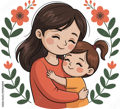 Cute mother and daughter hug illustration, floral Mother's Day design with a happy family moment