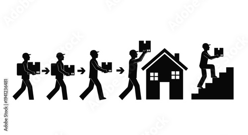 Silhouette sequence of delivery workers carrying packages from a line into a house and up a flight of stairs for shipping.