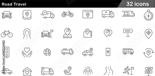 Road Travel Thin Line Icons Set Transportation Vehicles, Navigation Tools, Logistics Concepts, Map Symbols and Journey Icons for Travel Apps