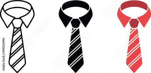 Minimalist striped necktie icon set with outline, silhouette and red business tie in clean flat vector style