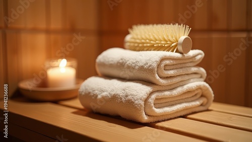 massaging brush stack of towels and sauna accessories on wooden bench inside spa sauna selective focus wellness relaxation concept