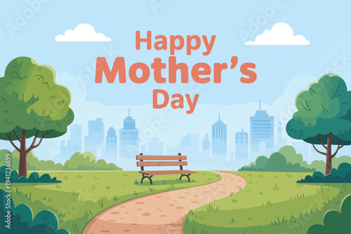 Happy Mother's Day park scene design, curved path wooden bench green trees and city skyline greeting card illustration