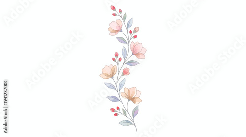 Watercolor floral stem illustration with pastel flowers and leaves for decorative botanical art, prints, invitations, and home decor