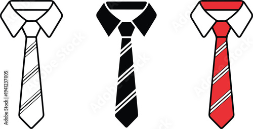 Minimalist striped necktie icon set with outline, silhouette and red business tie in clean flat vector style