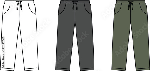 Technical fashion illustration of casual drawstring pants set with outline, gray and olive jogger trousers flat vector design