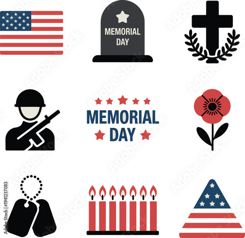 Memorial Day icons collection, patriotic USA symbols with American flag soldier cross poppy flower and dog tags