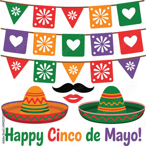 Happy Cinco de Mayo greeting design, decorative papel picado flags sombreros mustache and lips colorful Mexican fiesta illustration