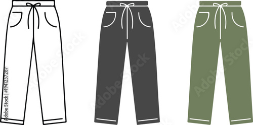 Technical fashion illustration of casual drawstring pants set with outline, gray and olive jogger trousers flat vector design