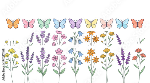 Watercolor illustration of colorful butterflies hovering above a meadow of wildflowers with lavender and daisies