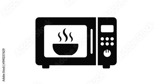 Black silhouette icon of a microwave oven with a steaming bowl inside to represent cooking, heating food, and appliances.