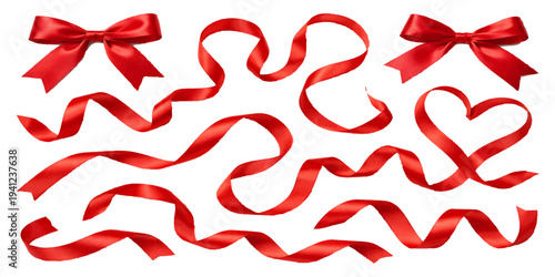 Set of red ribbon bows and heart shapes create a decorative holiday symbol for a Valentine or Christmas celebration vector design featuring hot chili pepper candy art