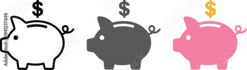 Minimalist piggy bank icon set with outline, gray and pink designs showing savings, finance, money, and coin deposit concept