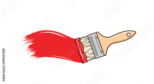 Large paintbrush applying a thick textured stroke of bright red paint across a white background to show home renovation.