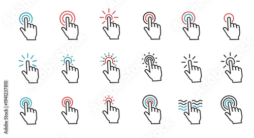 Set of hand cursor icons with various click actions and colorful ripple effects for website and application interface.