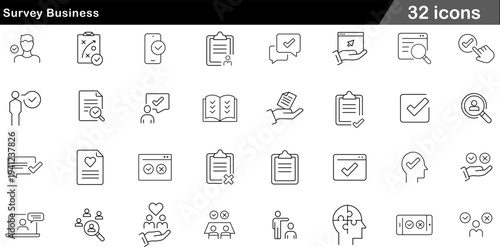 Survey Business Thin Line Icons Set Feedback Collection, Customer Research, Data Verification, Market Analysis and Documentation Symbols for Business Intelligence