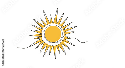 Single continuous line drawing of a sun with radiating rays and a yellow center representing summer, heat, and energy.