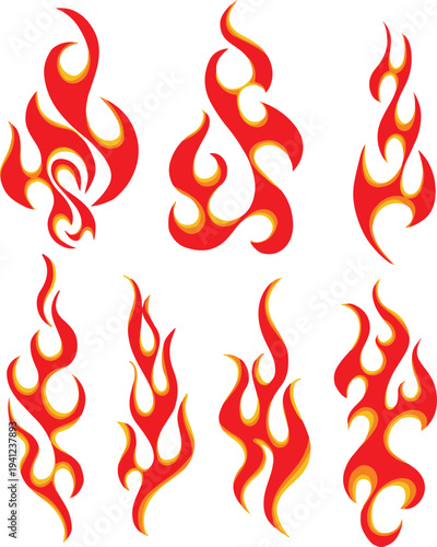 Flame decal. Red yellow gradient fire flames tattoo, tribal fire vinyl burning stickers for sport car and motorbike. Hotrod muscle car, motorcycle racing graphics. Vector set