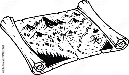 Hand Drawn Vintage Adventure Map Scroll with Mountains River and Compass Vector Illustration