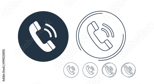 Collection of telephone receiver icons in different styles including solid circles, line art, and crossed out symbols.