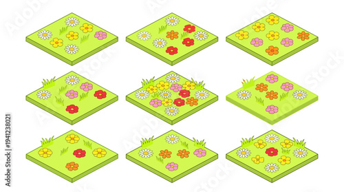 Nine isometric garden tiles featuring pink blossoms on lush green lawns, a decorative floral grid layout for garden design, board games, and tile-based art