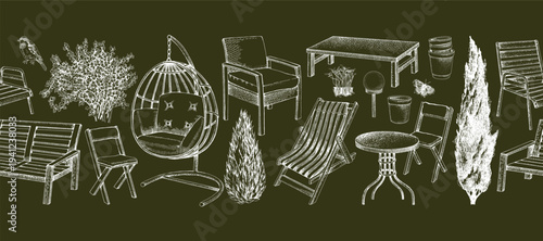 Garden furniture seamless vector border