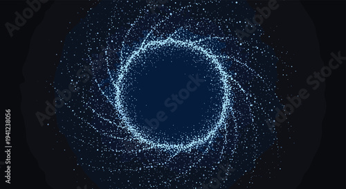Abstract circular vortex of glowing blue particles and dust swirling on a dark background representing space or magic.