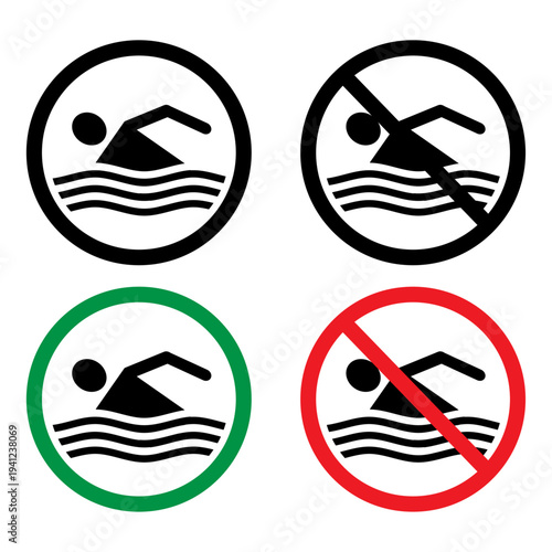  Swimming allowed and no swimming icons. Green circle for permitted swimming, red circle with slash for prohibition. Ideal for safety signs at pools, beaches, or recreational areas. Icons, vector.