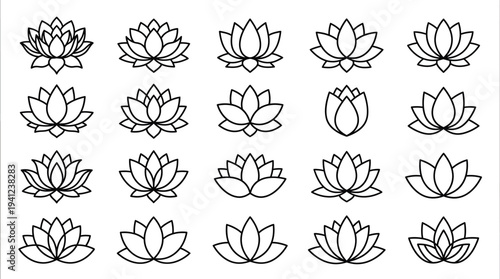 Grid of minimalist lotus line art illustrations in varying bloom stages, ideal for design, decor, branding, and pattern projects