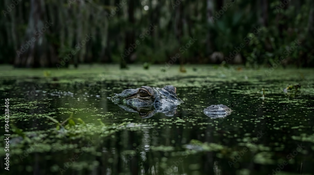 Fototapeta premium Alligator lurking in a swampy forest environment with green foliage