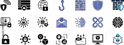 Cyber security and data protection icon set for network safety and AI privacy