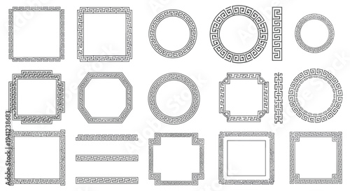 Collection of various Greek key border patterns and frames is displayed in different shapes like squares, circles, and octagons.