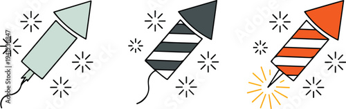 Minimal firework rocket icon set with striped rockets and sparkles outline gray and orange celebration vector illustration